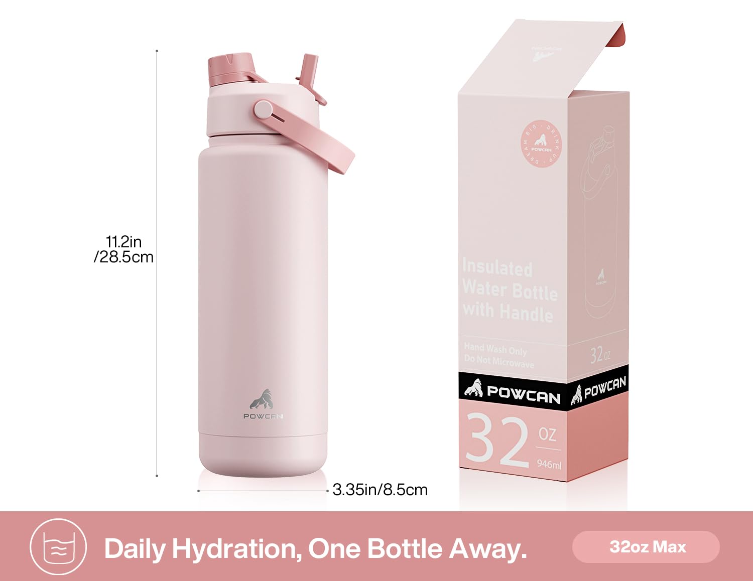 32oz Insulated Water Bottle with 2-in-1 Lid - (Pink)