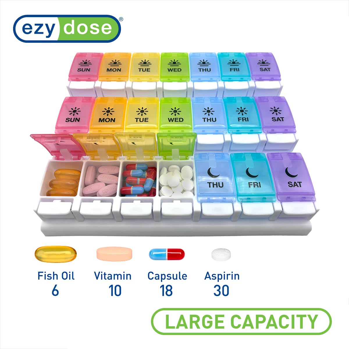Weekly 7-Day Pill Organizer - 3 Times Daily Medication Management Made Simple (Rainbow Lids)