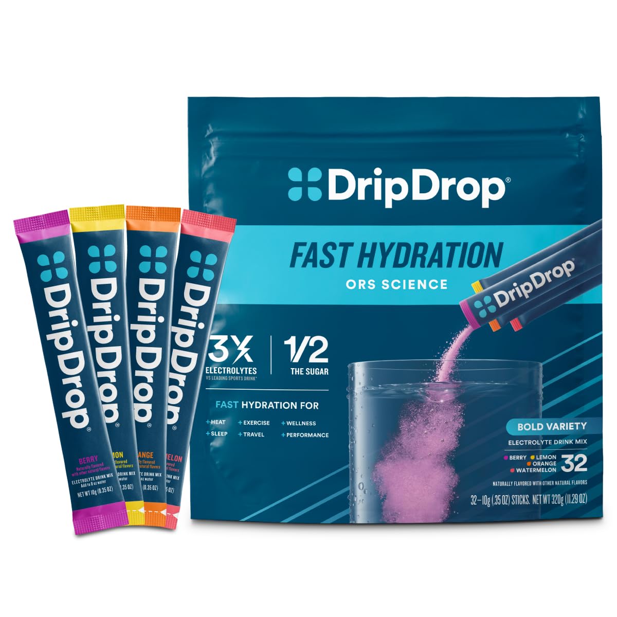 DripDrop Electrolyte Hydration Packets - Combat Treatment-Related Dehydration (32 Pack)