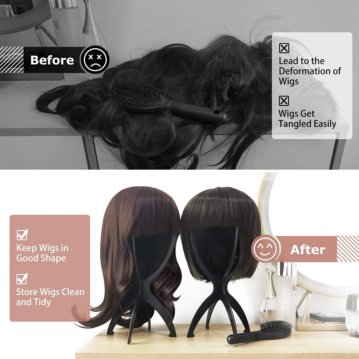 Collapsible Wig Stand - Portable Storage and Drying for Treatment Wigs (Black, 14.2")