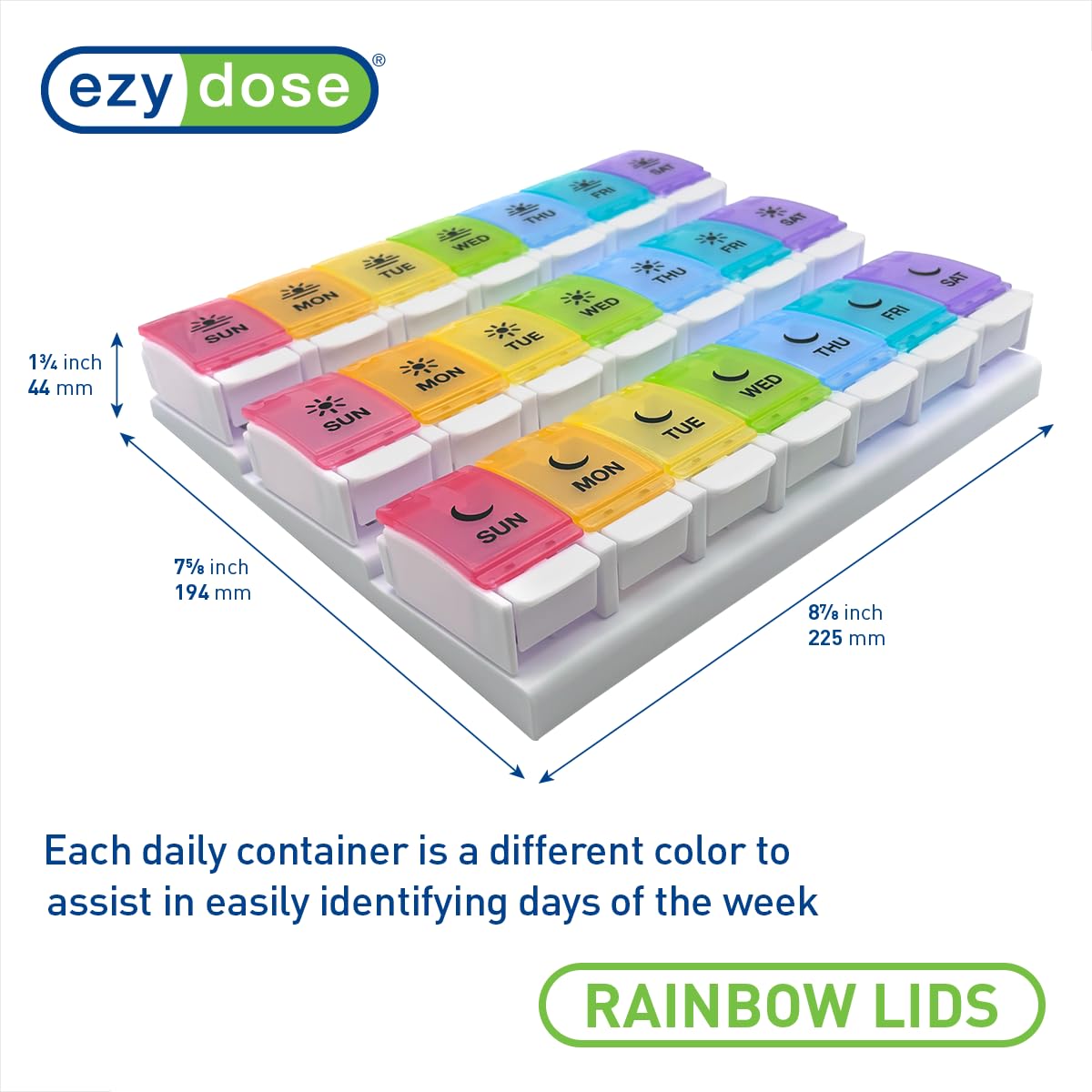 Weekly 7-Day Pill Organizer - 3 Times Daily Medication Management Made Simple (Rainbow Lids)