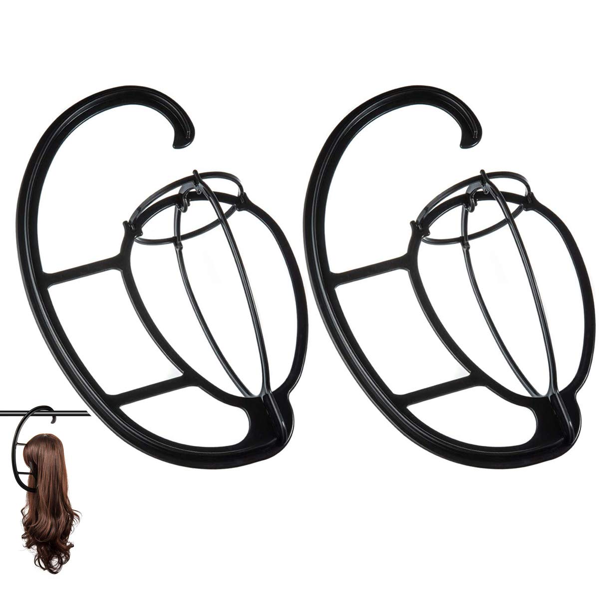 Hanging Wig Stand - Space-Saving Storage and Drying for Treatment Wigs (Black, 2 Pack)