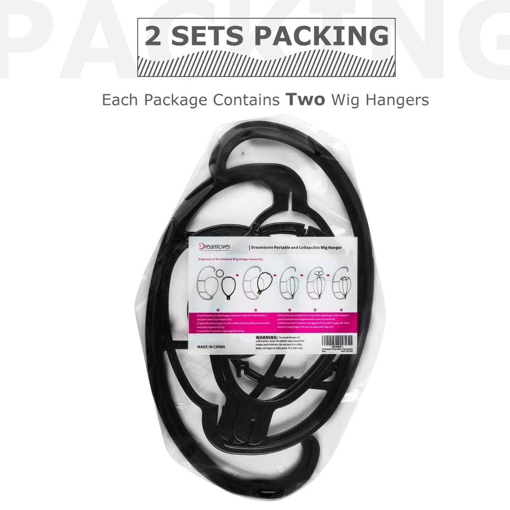 Hanging Wig Stand - Space-Saving Storage and Drying for Treatment Wigs (Black, 2 Pack)