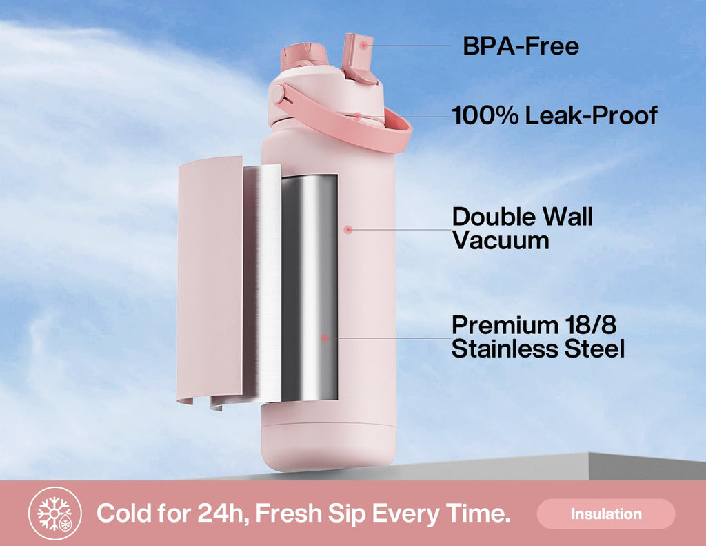 32oz Insulated Water Bottle with 2-in-1 Lid - Stay Hydrated Through Treatment (Pink Ribbons)