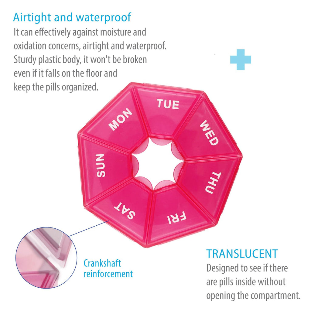 Compact Round Weekly Pill Organizer - Pocket-Sized for On-the-Go (Pink)