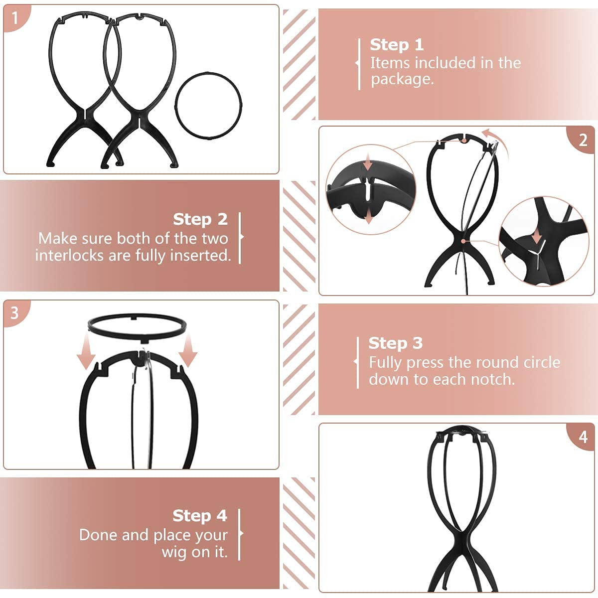 Collapsible Wig Stand - Portable Storage and Drying for Treatment Wigs (Black, 14.2")