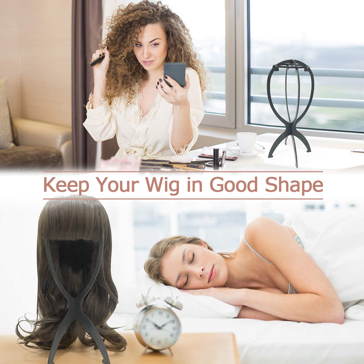 Collapsible Wig Stand - Portable Storage and Drying for Treatment Wigs (Black, 14.2")