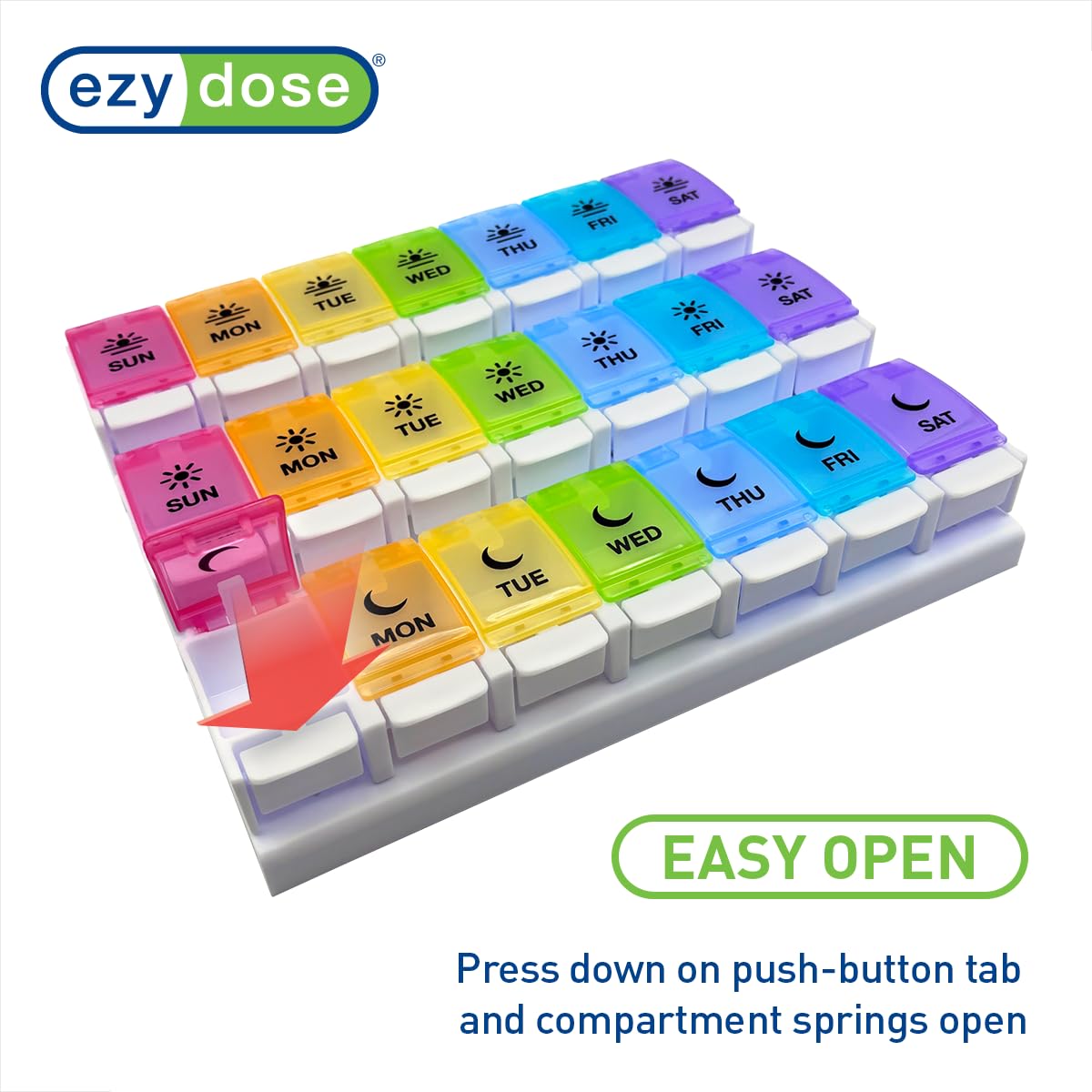 Weekly 7-Day Pill Organizer - 3 Times Daily Medication Management Made Simple (Rainbow Lids)