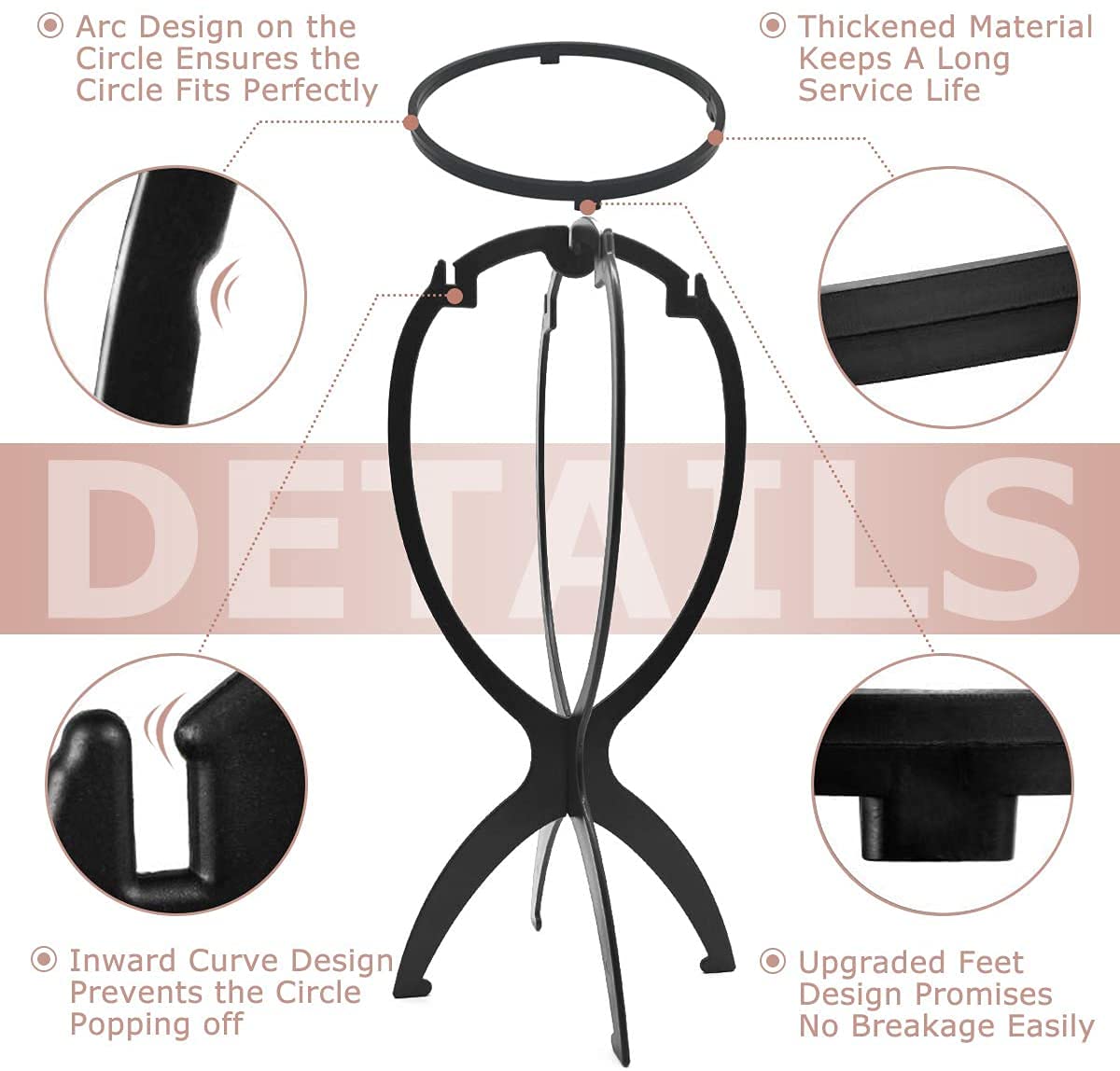Collapsible Wig Stand - Portable Storage and Drying for Treatment Wigs (Black, 14.2")