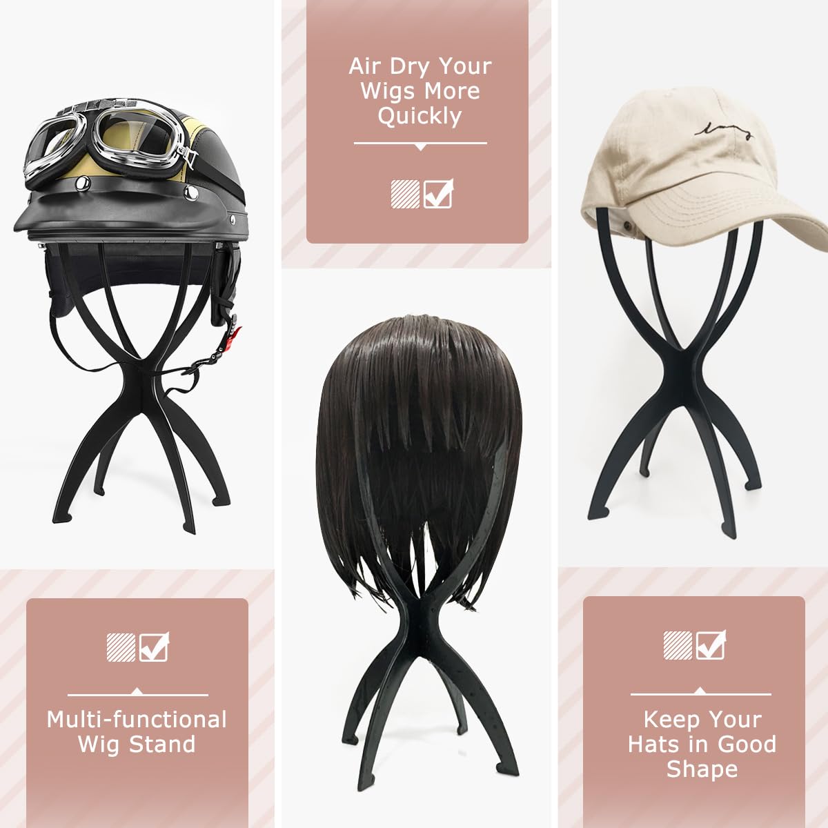 Collapsible Wig Stand - Portable Storage and Drying for Treatment Wigs (Black, 14.2")