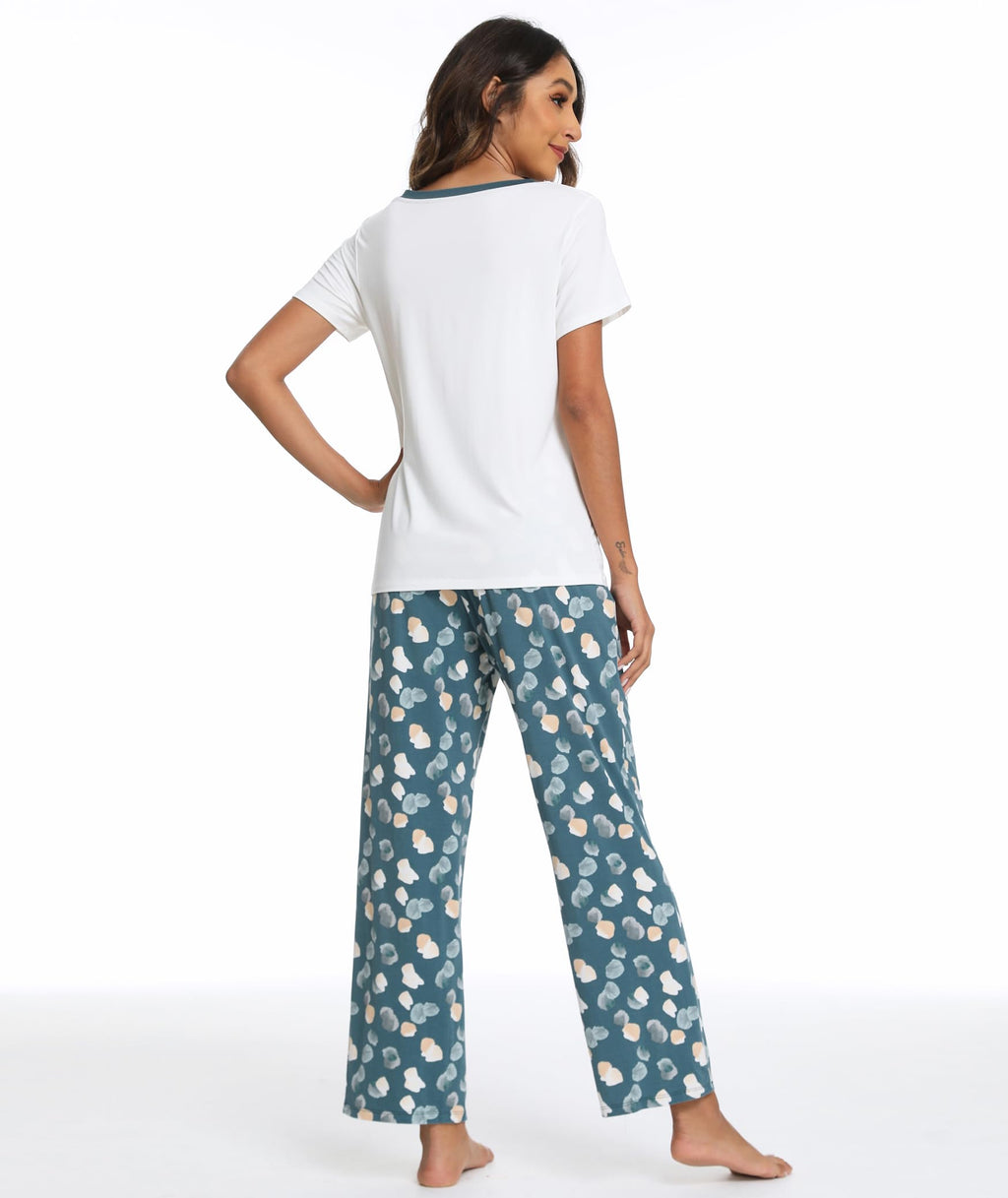 Bamboo Viscose Pajama Set with V-Neck - Cooling Sleepwear Ocean Green, Large