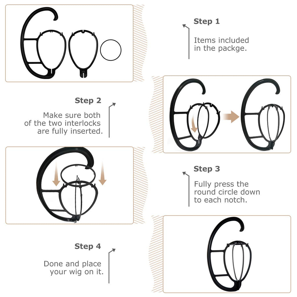 Hanging Wig Stand - Space-Saving Storage and Drying for Treatment Wigs (Black, 2 Pack)