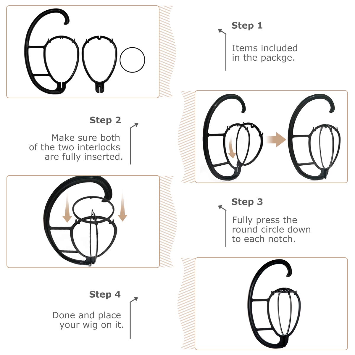 Hanging Wig Stand - Space-Saving Storage and Drying for Treatment Wigs (Black, 2 Pack)