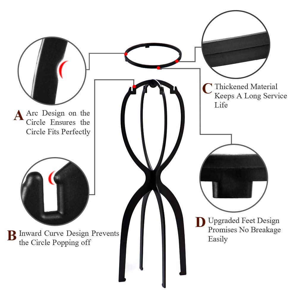 Tall Collapsible Wig Stand - Storage and Drying for Long Wigs (Black, 19.7")