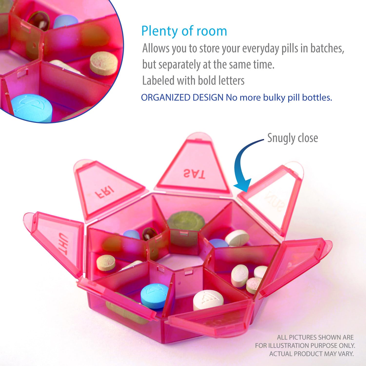 Compact Round Weekly Pill Organizer - Pocket-Sized for On-the-Go (Pink)