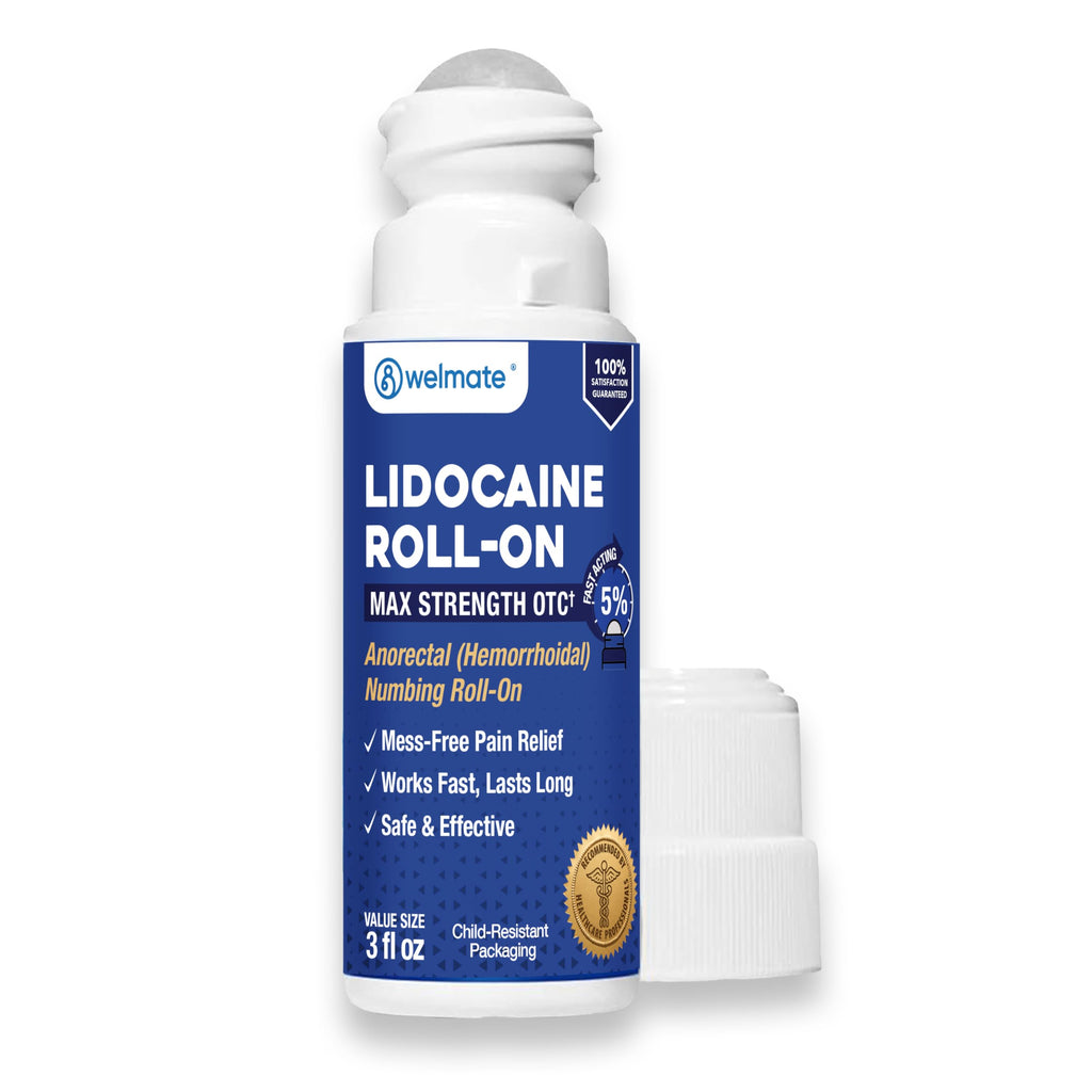 WELMATE 5% Lidocaine Roll On, Maximum Strength Pain Relief, 3 oz - No Mess Topical Anesthetic - Hemorrhoid Relief - Non-Greasy, Fast Acting & Long Lasting - Numbing Roll-On