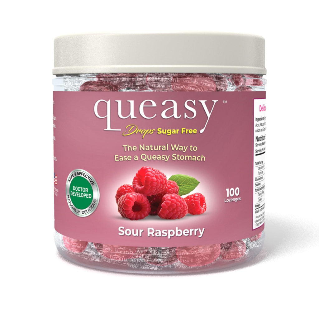 Queasy Drops Sugar-Free Lozenges - Natural Nausea Relief for Chemotherapy (Raspberry, 100 Count)
