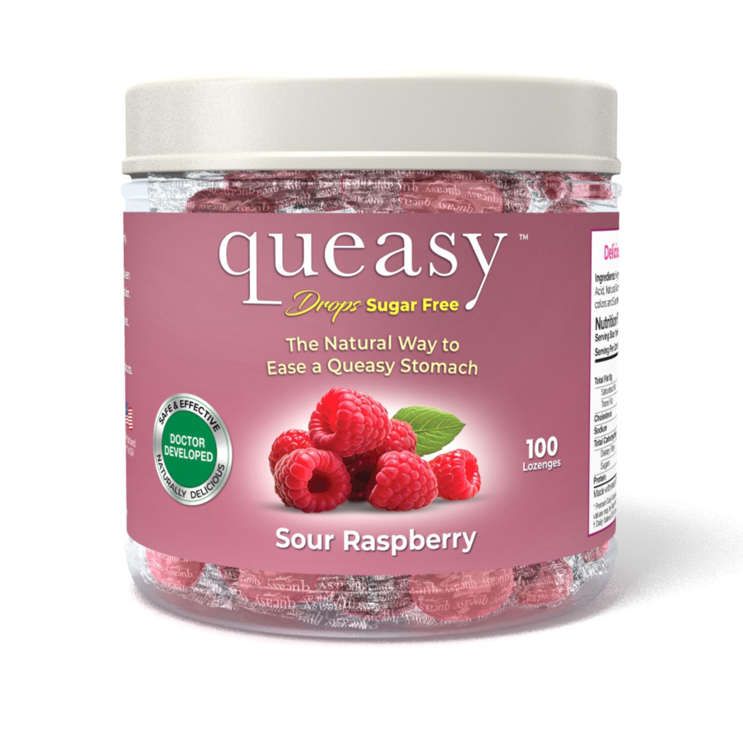 Queasy Drops Sugar-Free Lozenges - Natural Nausea Relief for Chemotherapy (Raspberry, 100 Count)