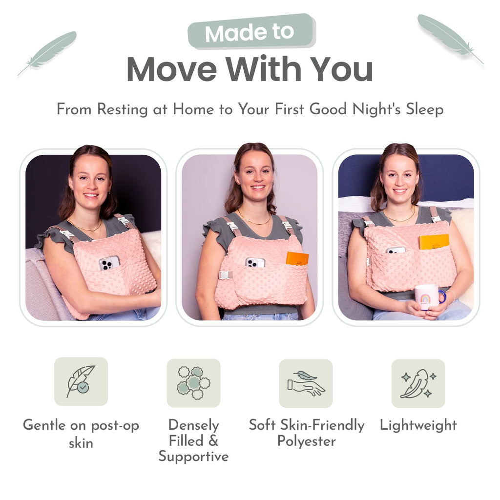 MOYOAMA Post Mastectomy Pillow Post Surgery - Wearable Chest Protection with Secure Straps, Easy-Clean Removable Cover, & Pockets - Breast Reduction/Augmentation & Double Mastectomy Recovery Supplies
