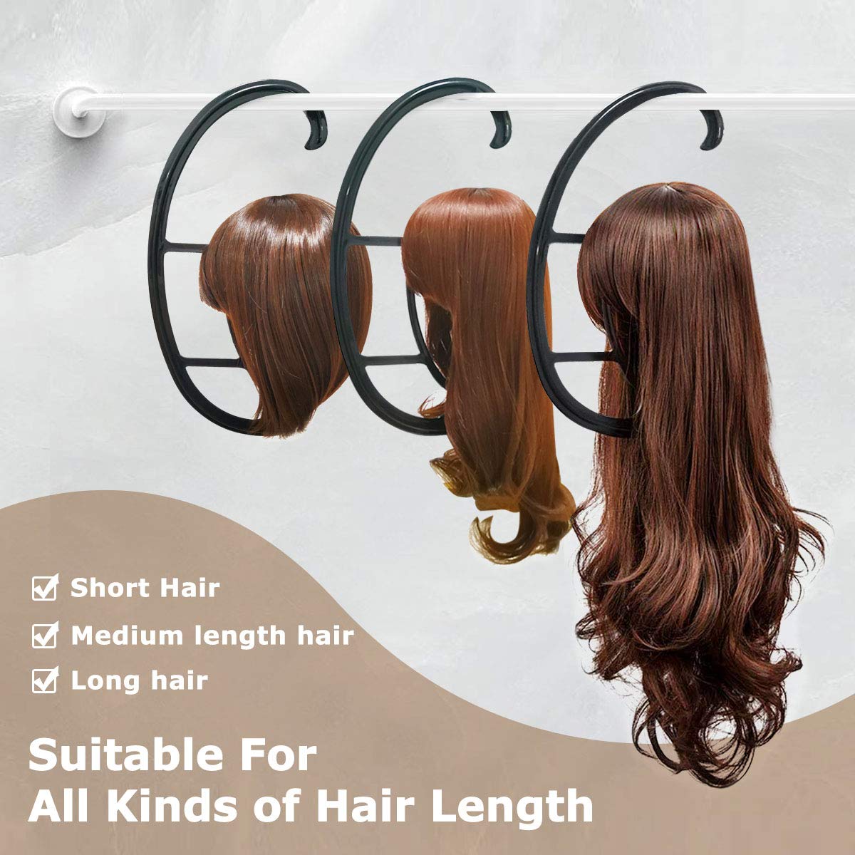 Hanging Wig Stand - Space-Saving Storage and Drying for Treatment Wigs (Black, 2 Pack)