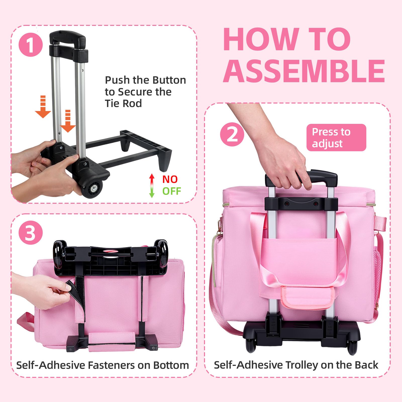 Rolling Tote Bag with Detachable Trolley - Versatile Transport for Treatment Days (Pink)