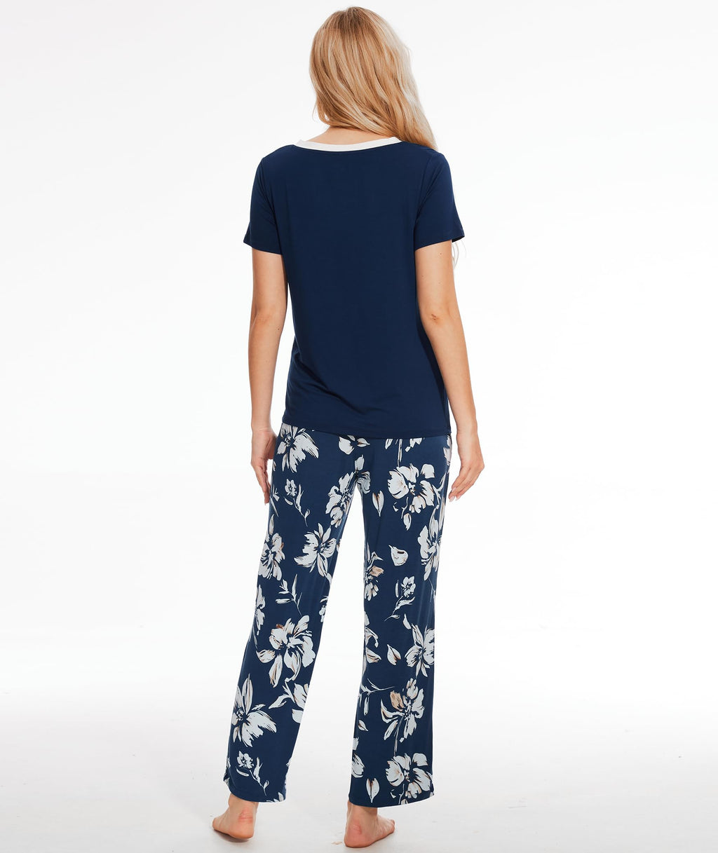 Bamboo Viscose Pajama Set with V-Neck - Cooling Sleepwear for Treatment Days (Ink Blue Flowers)