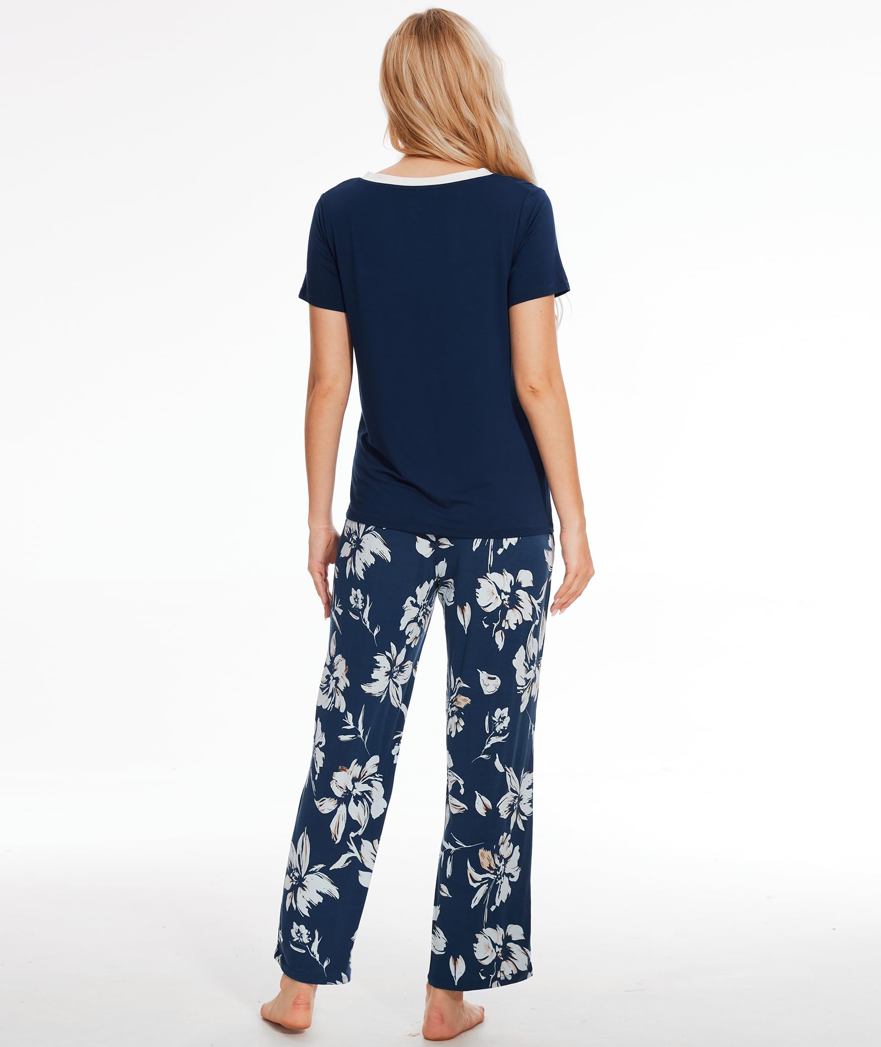 Bamboo Viscose Pajama Set with V-Neck - Cooling Sleepwear for Treatment Days (Ink Blue Flowers)