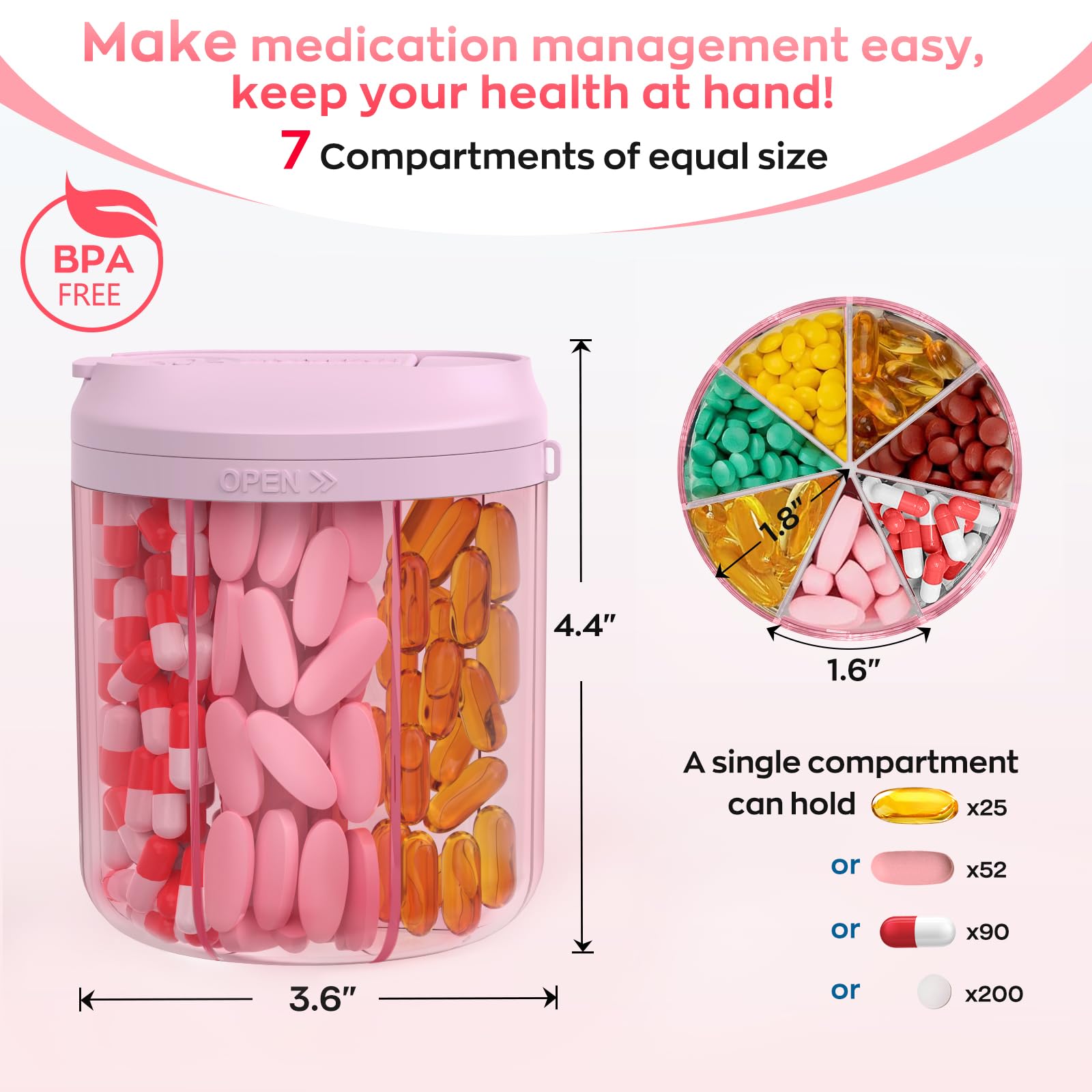7-Compartment Rotating Pill Dispenser - Organize Multiple Medications Effortlessly (Pink)