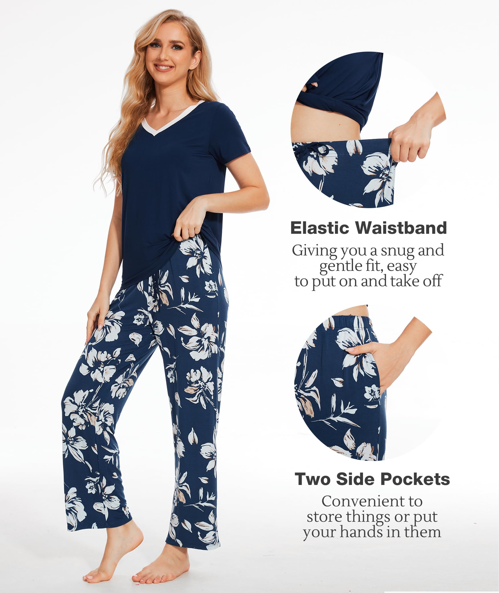 Bamboo Viscose Pajama Set with V-Neck - Cooling Sleepwear for Treatment Days (Ink Blue Flowers)