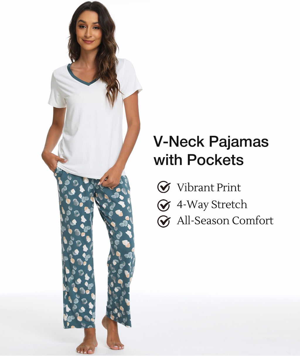Bamboo Viscose Pajama Set with V-Neck - Cooling Sleepwear Ocean Green, Large