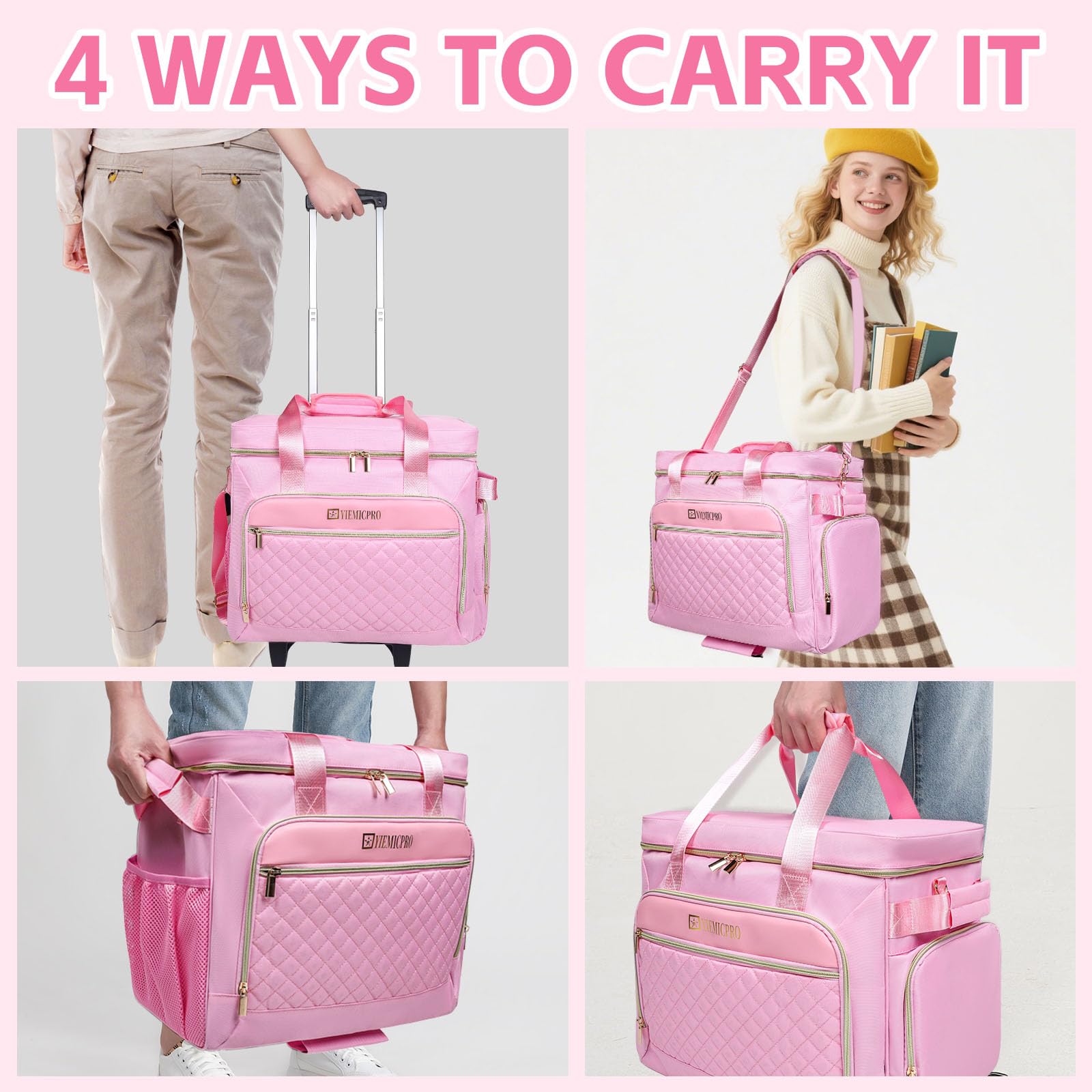 Rolling Tote Bag with Detachable Trolley - Versatile Transport for Treatment Days (Pink)