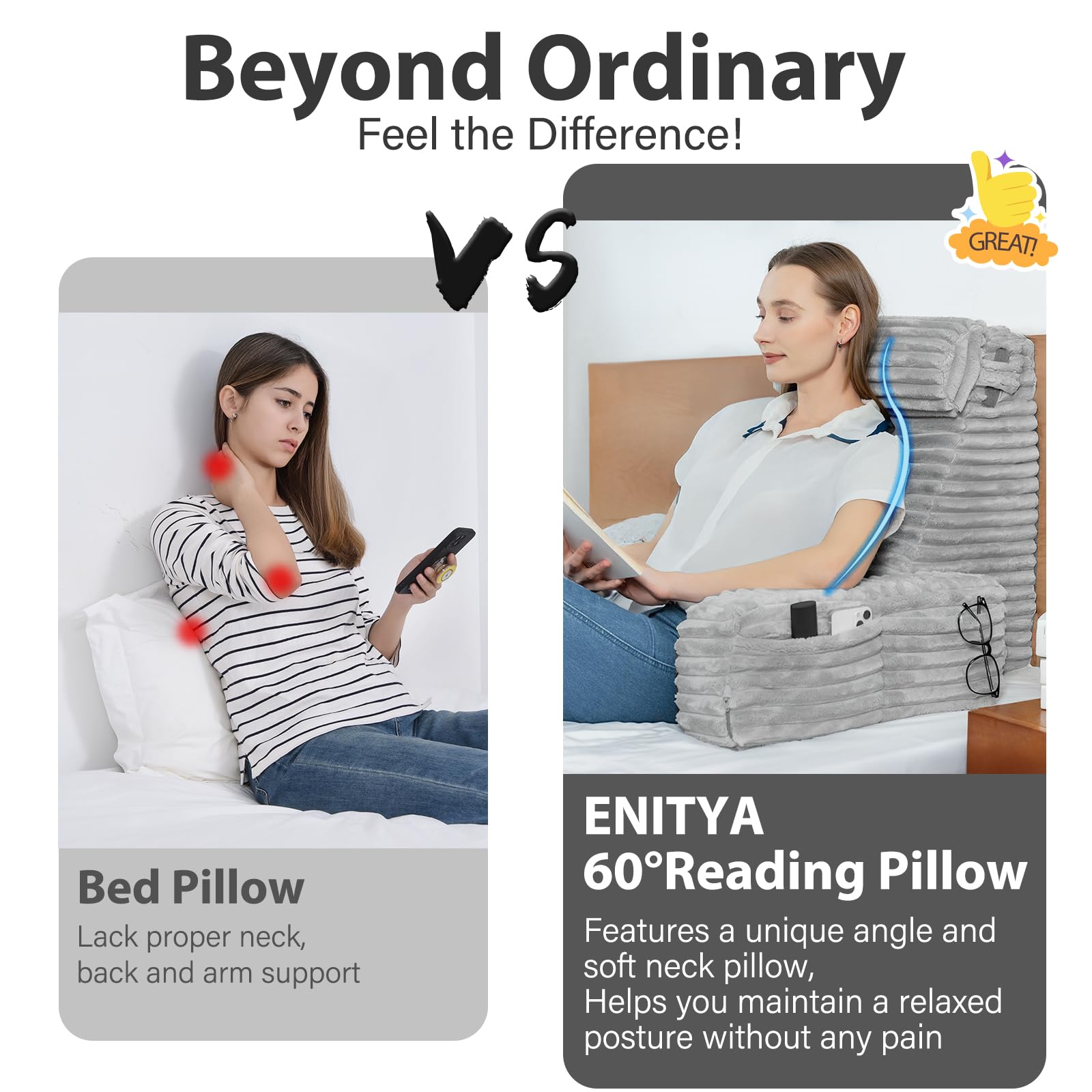 ENITYA Back Pillow for Bed Sitting up, Reading Pillow for Sitting in Bed Adult, Back Support Wedge for Reading/Resting/Post Surgery/Watching TV/Gaming,Light Grey