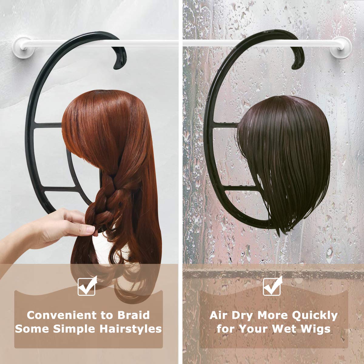 Hanging Wig Stand - Space-Saving Storage and Drying for Treatment Wigs (Black, 2 Pack)