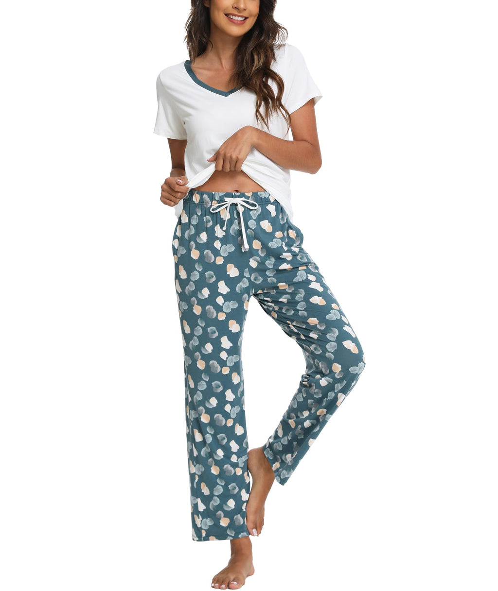 Bamboo Viscose Pajama Set with V-Neck - Cooling Sleepwear Ocean Green, Large