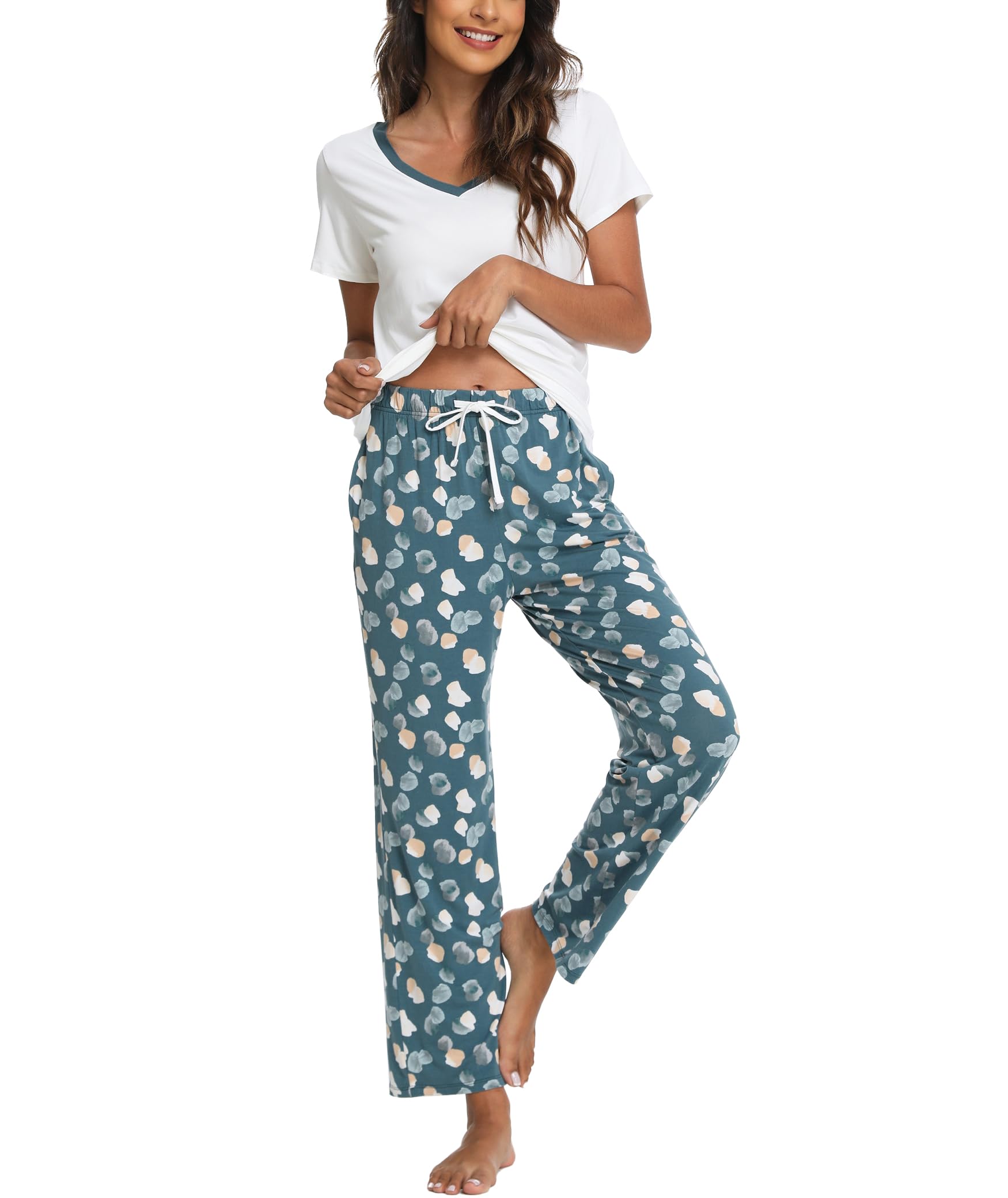 Bamboo Viscose Pajama Set with V-Neck - Cooling Sleepwear Ocean Green, Large