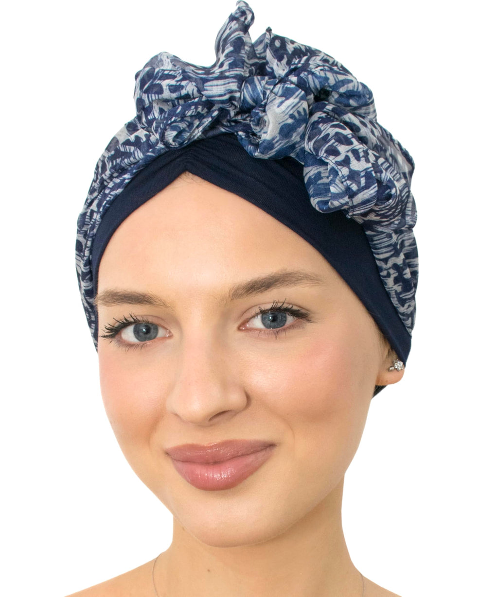 Bamboo Skull Cap with Chiffon Scarf - Comfortable Head Covering for Hair Loss (Navy Pattern)