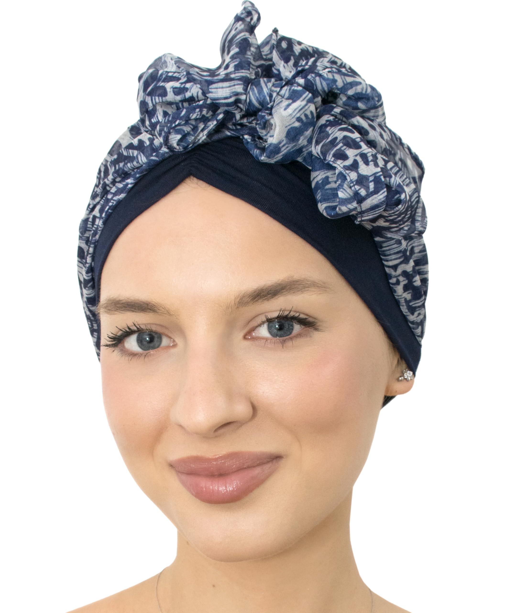 Bamboo Skull Cap with Chiffon Scarf - Comfortable Head Covering for Hair Loss (Navy Pattern)