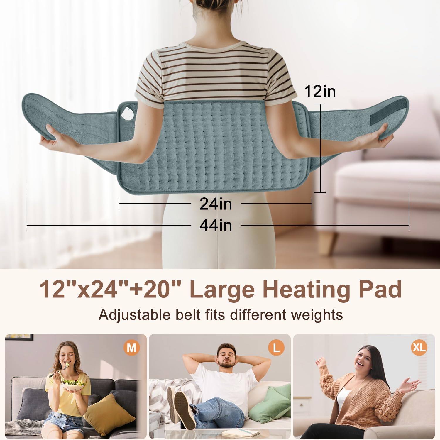 Extra Large Electric Heating Pad with Belt - Hands-Free Pain Relief
