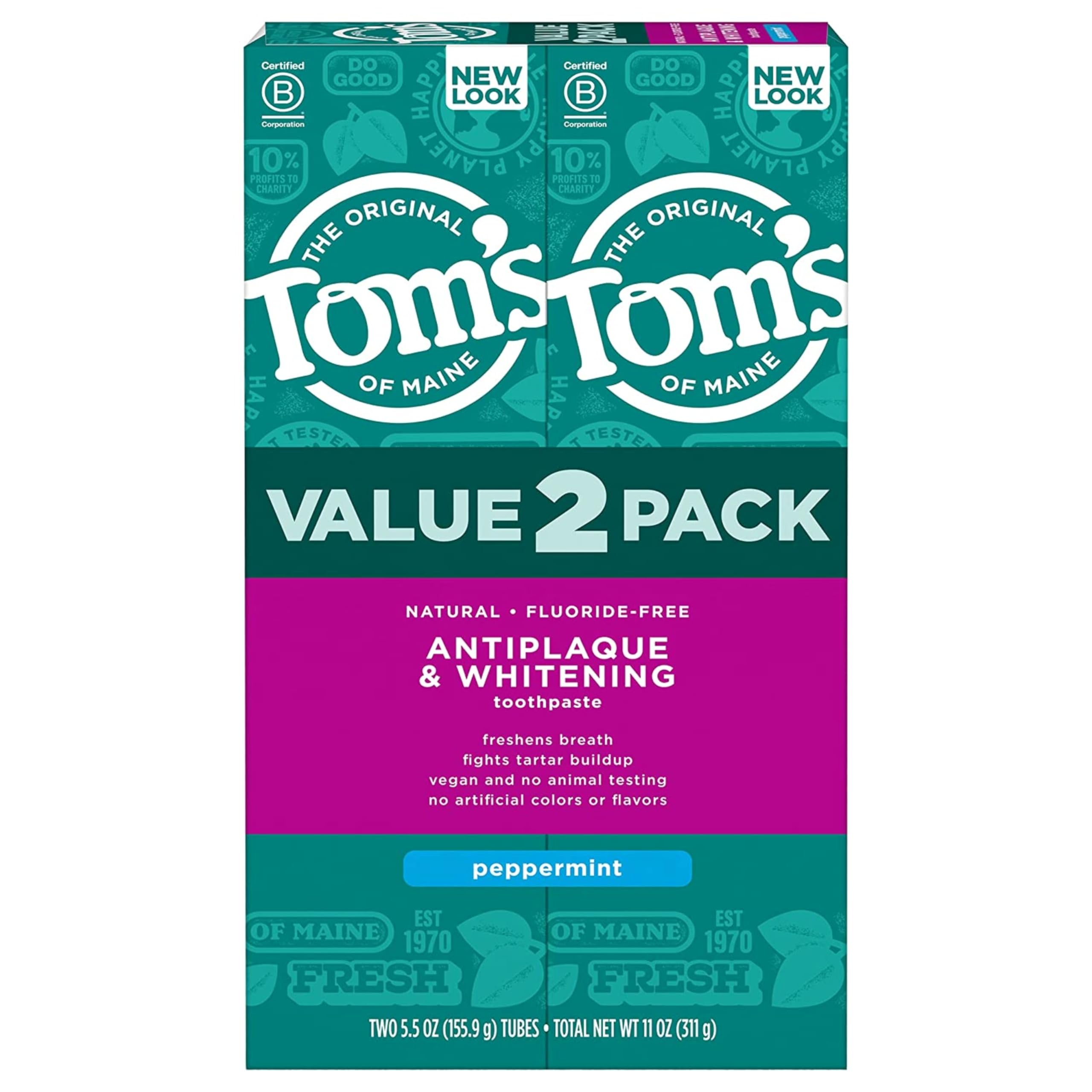 Tom's of Maine Fluoride-Free Natural Toothpaste - Gentle Oral Care for Treatment-Sensitive Mouths (Peppermint, 2-Pack)