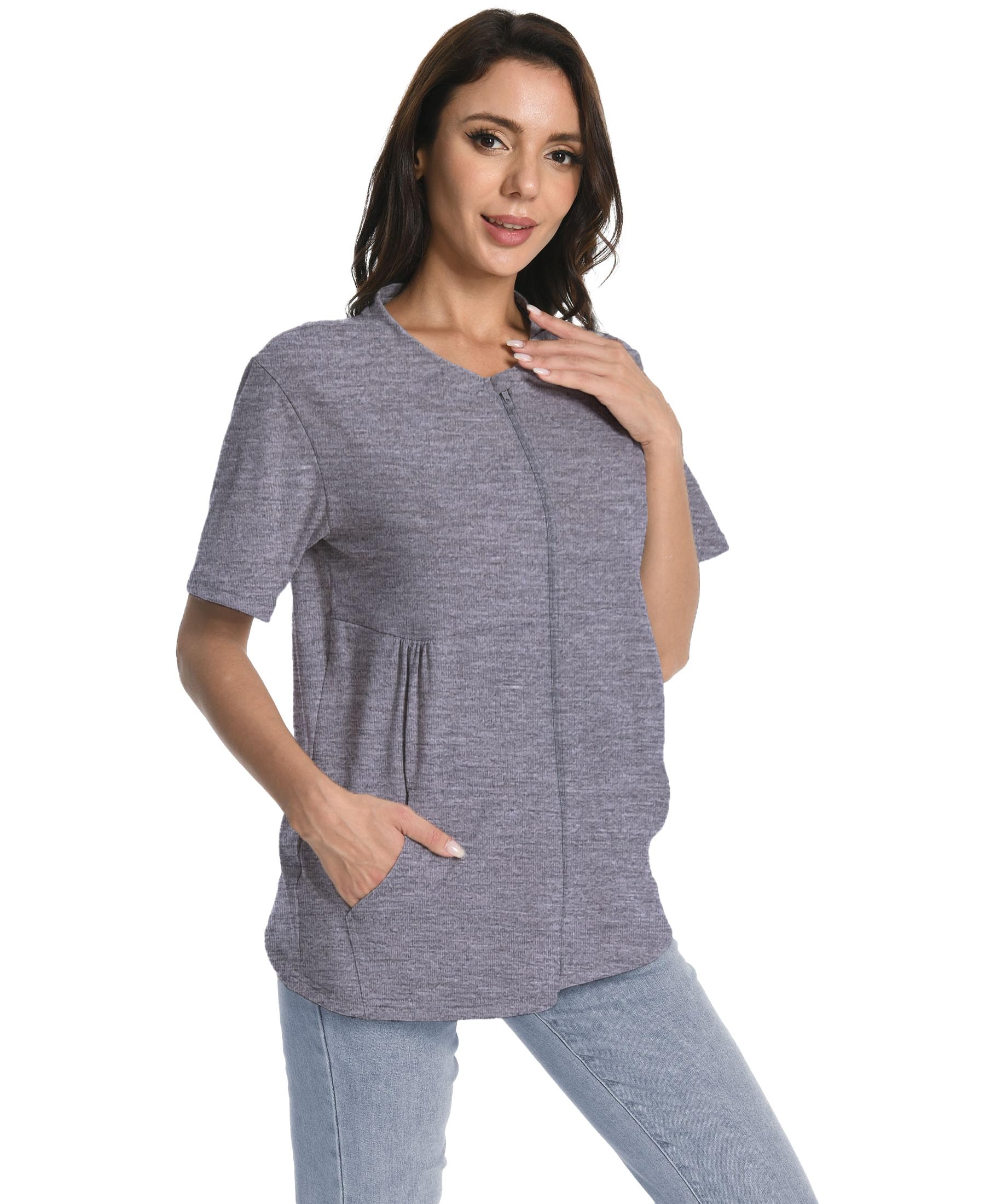 Mastectomy Shirt with Drain Pockets Breast Mastectomy Recovery Supplies Nephrostomy Drain Bag Tummy Tuck Must Haves Clothing Comfy Post OP Camisoles After Mastectomy Short Sleeve Shirts Dark Grey