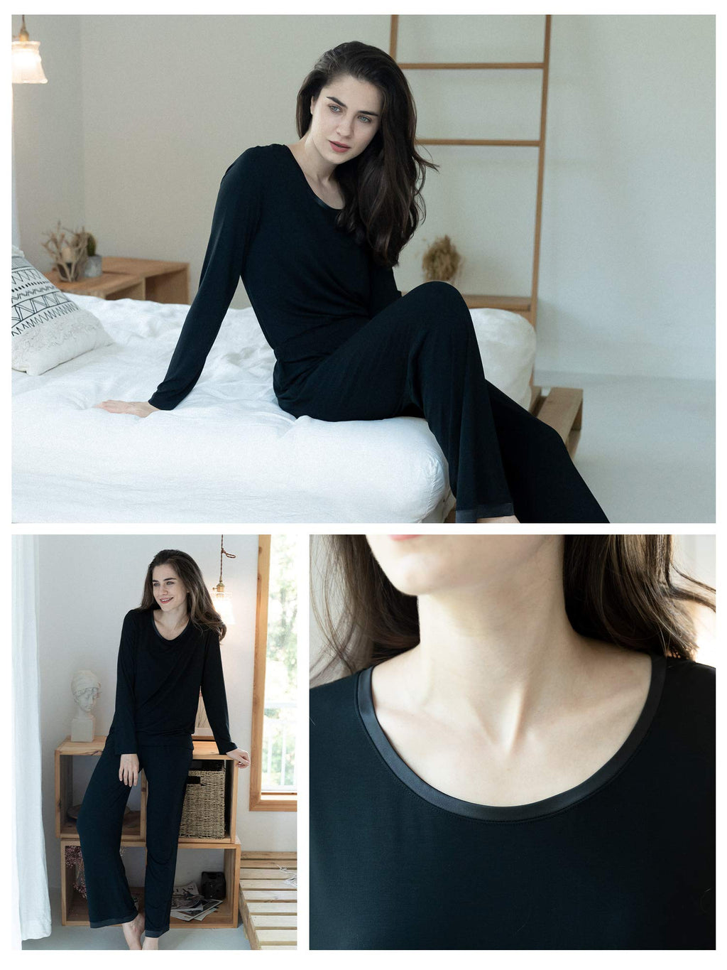 Bamboo Viscose Pajama Set - Soft, Cooling Sleepwear for Treatment Recovery (Black, Round Neck)