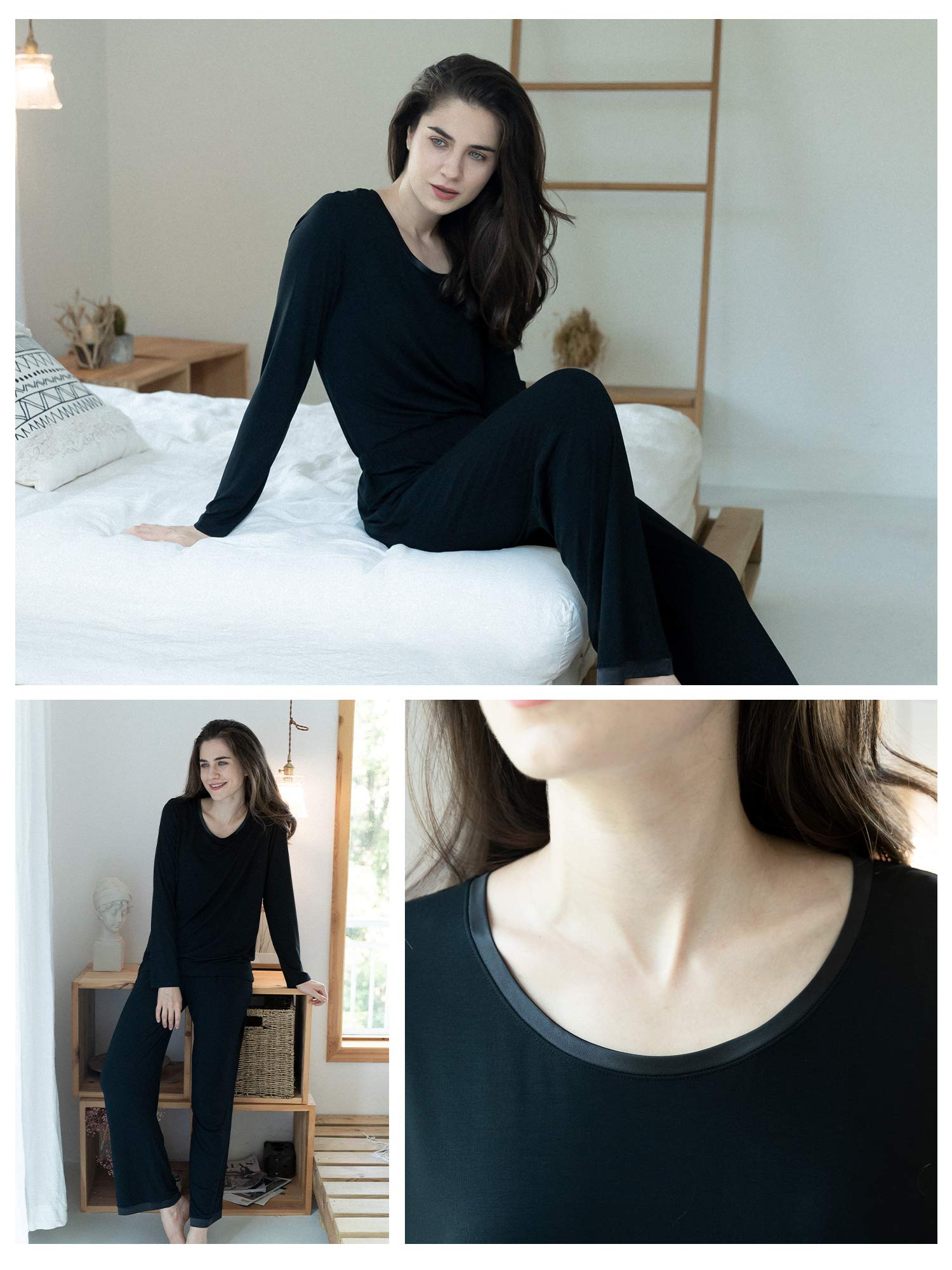 Bamboo Viscose Pajama Set - Soft, Cooling Sleepwear for Treatment Recovery (Black, Round Neck)