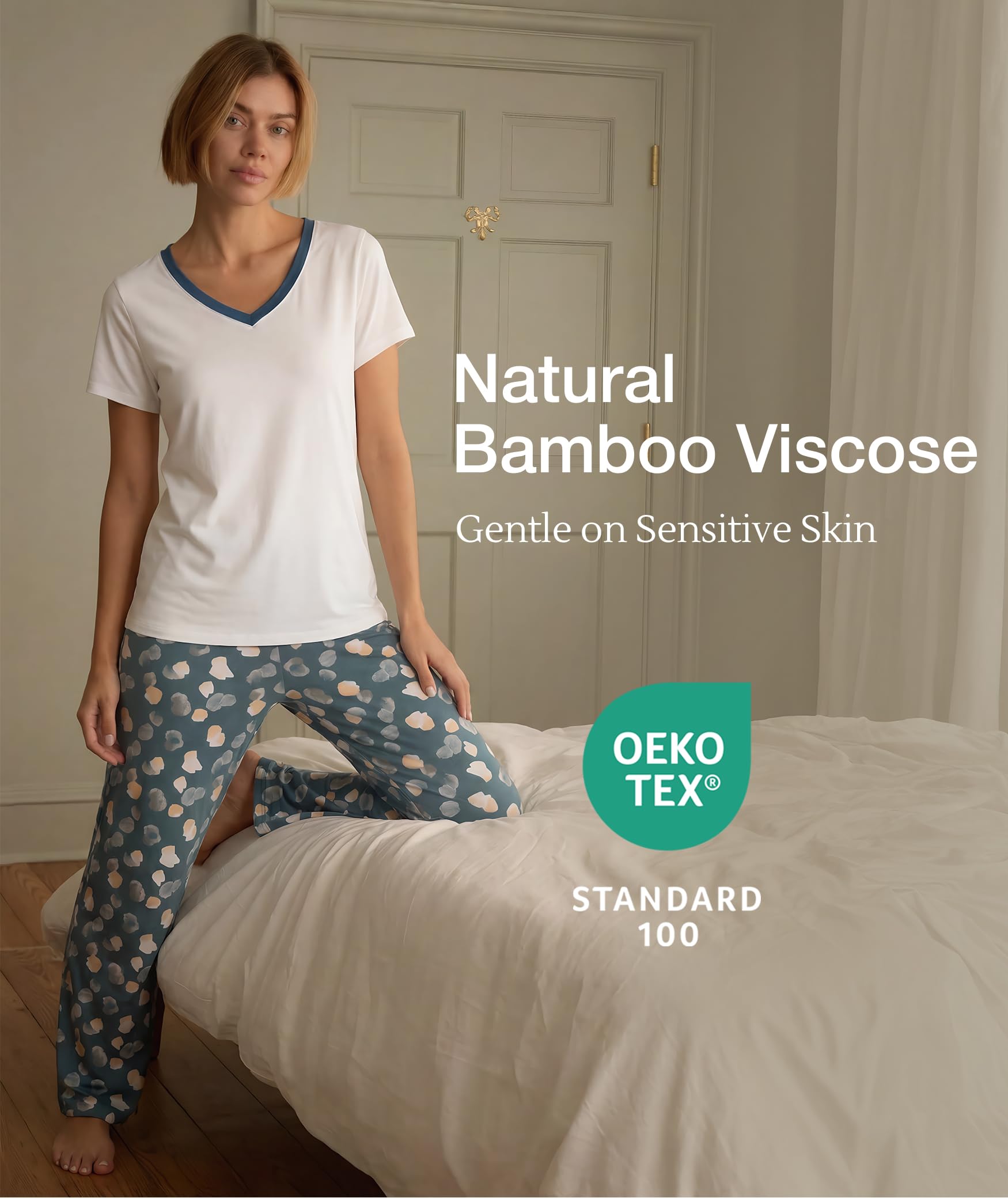 Bamboo Viscose Pajama Set with V-Neck - Cooling Sleepwear Ocean Green, Large