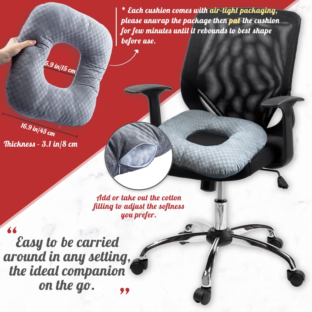 Vinban Stuffed Donut Pillow Seat Cushion | for Tailbone and Coccyx Pain, Hemorrhoids, Bed Sores, Pregnancy, Prostate, Surgery Recovery, Sitting Pressure Relief, for Home, Office and Car (Grey)