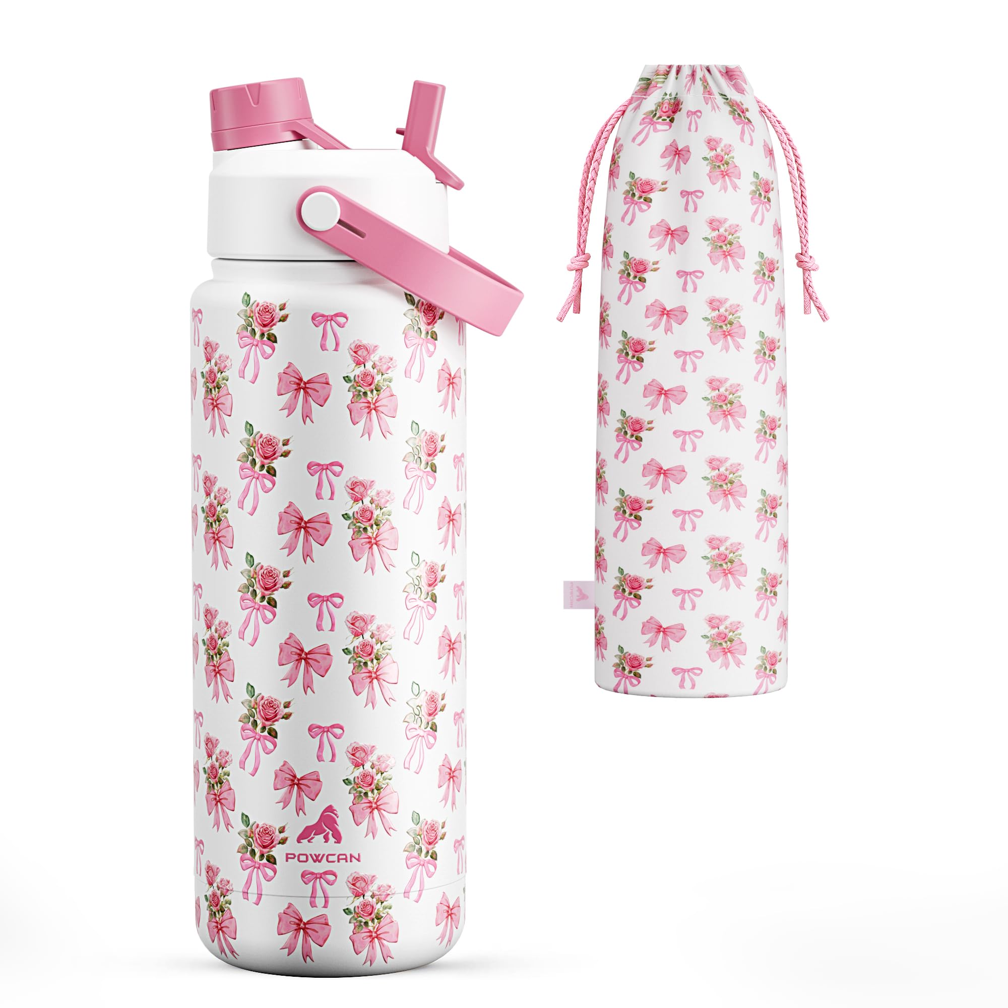 32oz Insulated Water Bottle with 2-in-1 Lid -(Pink Ribbons and Flowers)