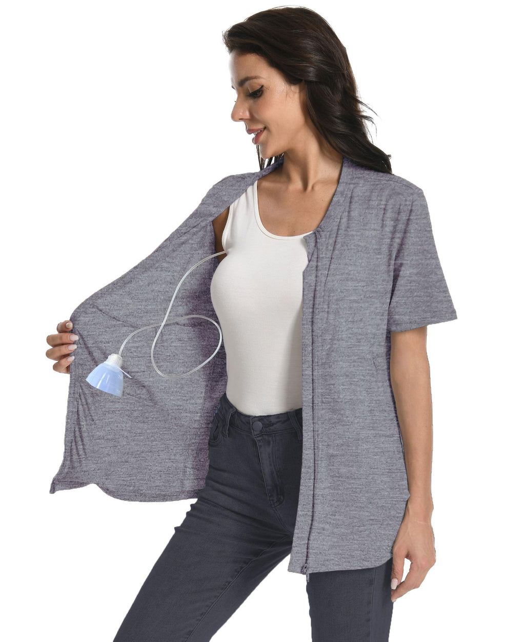 Mastectomy Shirt with Drain Pockets Breast Mastectomy Recovery Supplies Nephrostomy Drain Bag Tummy Tuck Must Haves Clothing Comfy Post OP Camisoles After Mastectomy Short Sleeve Shirts Dark Grey