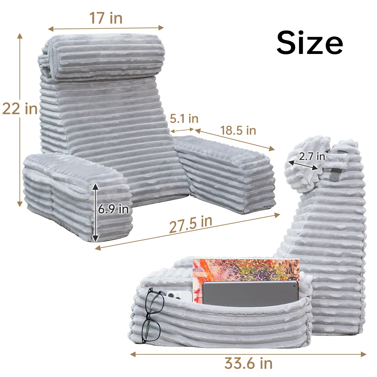 ENITYA Back Pillow for Bed Sitting up, Reading Pillow for Sitting in Bed Adult, Back Support Wedge for Reading/Resting/Post Surgery/Watching TV/Gaming,Light Grey