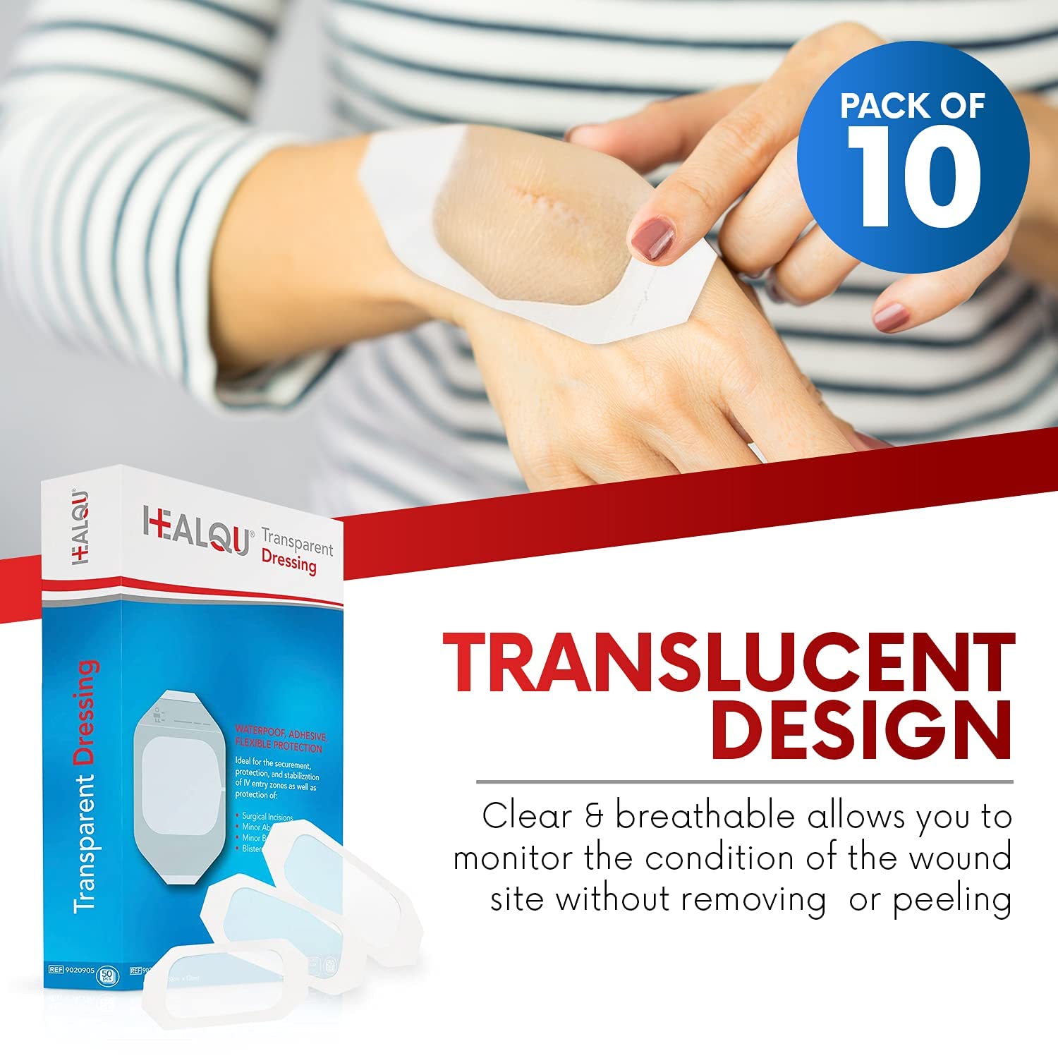 Transparent Film Dressing 4" x 4.75" (10 Pack) - Waterproof Adhesive Wound Bandages for Post-Surgical Shower, IV Shield, Tattoo Aftercare, Clear Breathable Dressing Patches by HEALQU