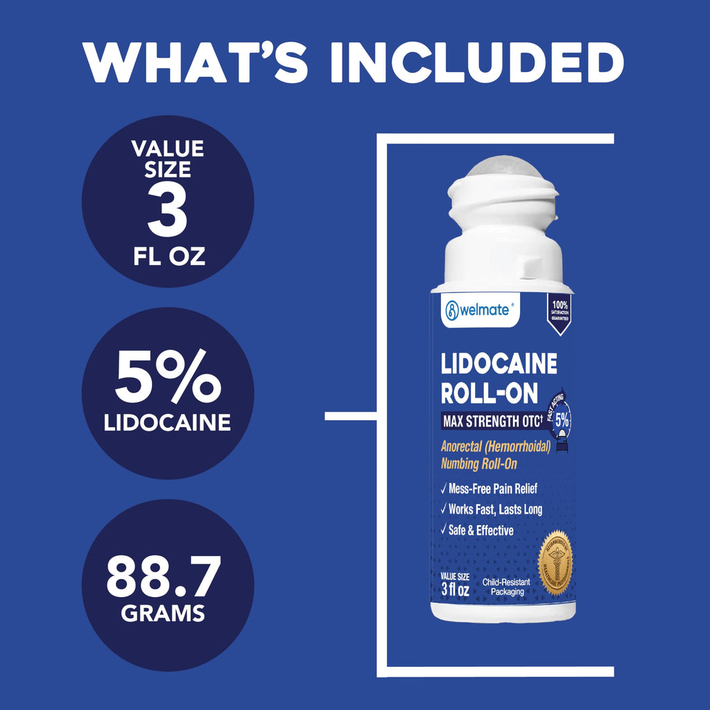 WELMATE 5% Lidocaine Roll On, Maximum Strength Pain Relief, 3 oz - No Mess Topical Anesthetic - Hemorrhoid Relief - Non-Greasy, Fast Acting & Long Lasting - Numbing Roll-On