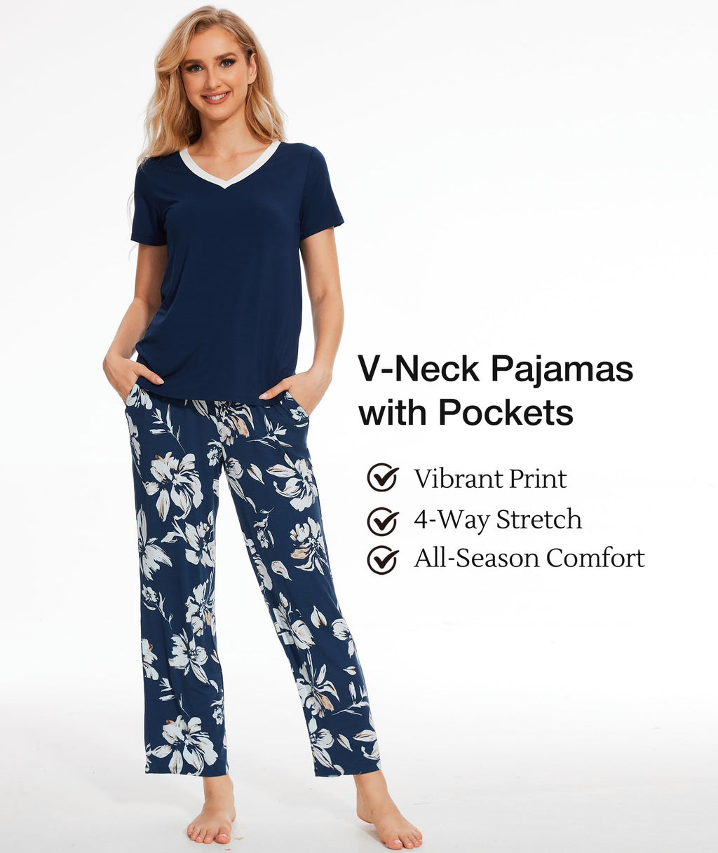 Bamboo Viscose Pajama Set with V-Neck - Cooling Sleepwear for Treatment Days (Ink Blue Flowers)